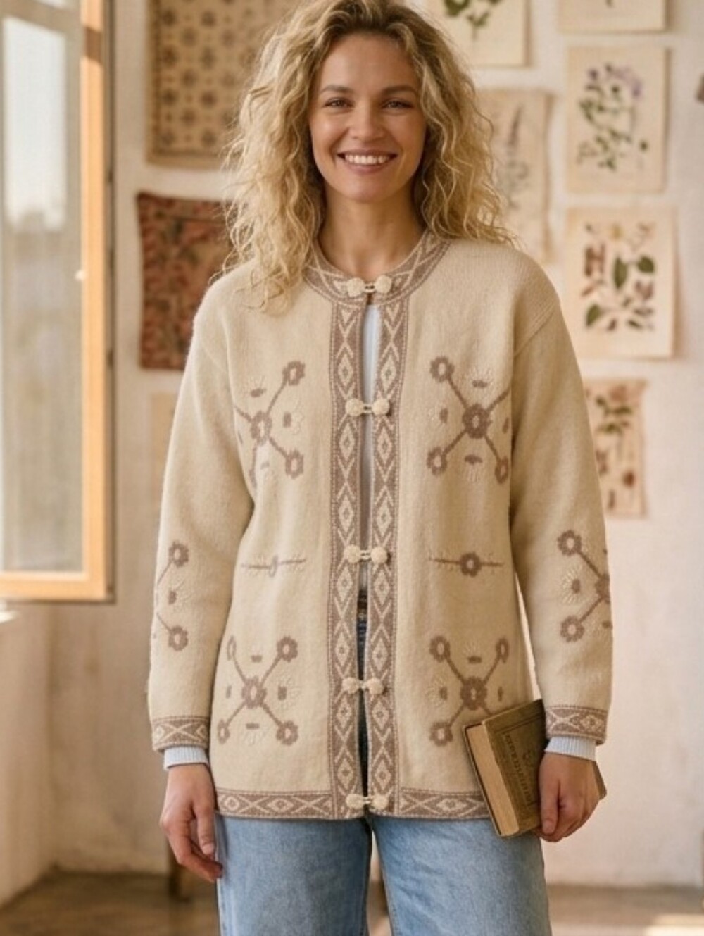 Vintage beige angora lamb wool long cardigan tan size Small oversized A1